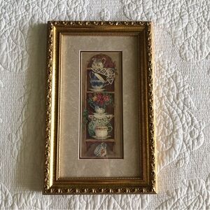 Gold Framed Teacups on Shelf Art Print by Barbara Mock